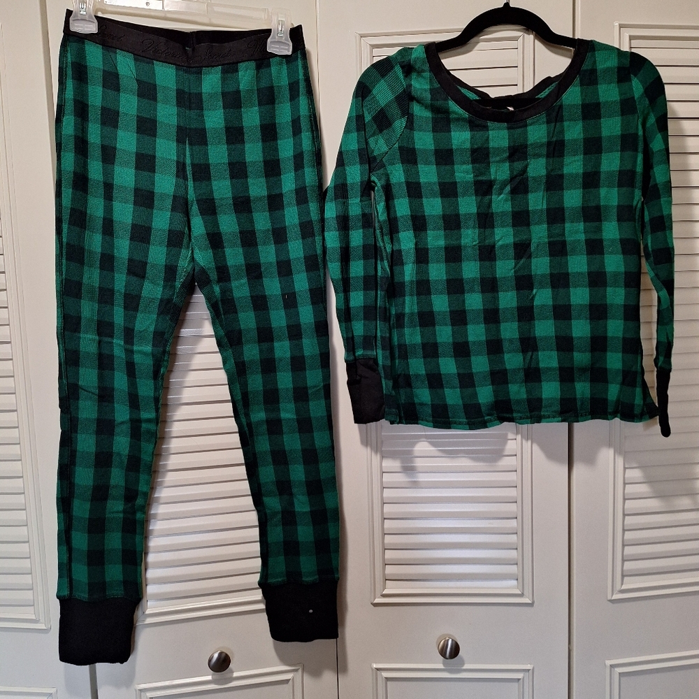 Victoria's Secret Long Sleeve, Long Pant, Green and Black Plaid Pajama Set